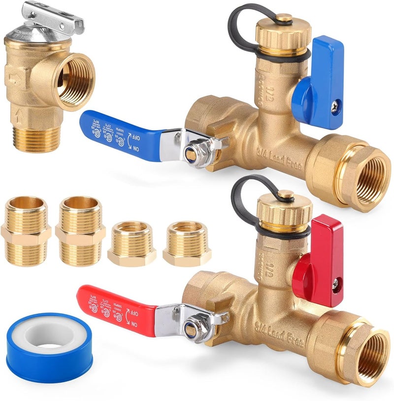 FIDISP 8Pcs 3/4 Inch IPS Isolator Tankless Water Heater Valve Kit with 2Pcs 3/4" NPT to 1/2" FNPT and 2Pcs Brass Pipe Fitting, Tankless Water Heater Flushing Kit with Pressure Relief Valve, Clean Brass - Image 1